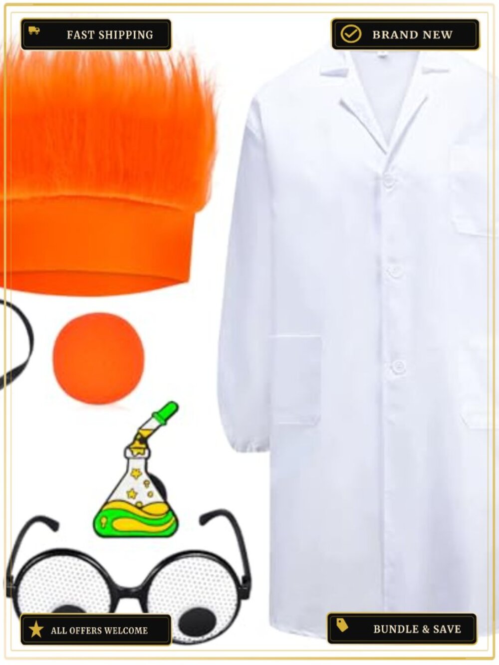 Halloween Costume Set Hairy Headband Googly Eye Glasses Lab Coat Pin